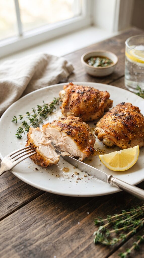 Crispy, juicy air-fried chicken thighs with golden-brown skin on a white plate.