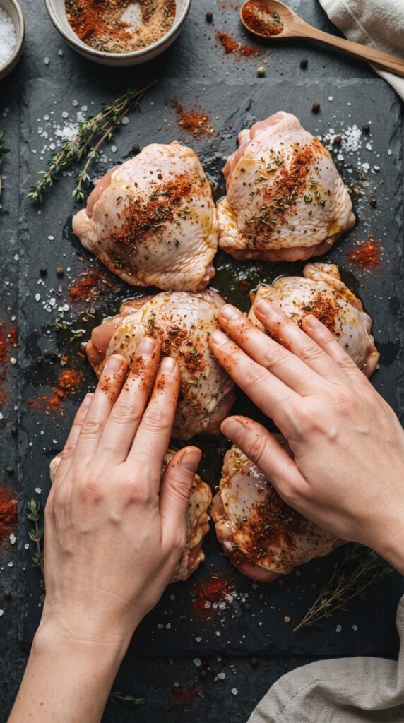 Crispy, juicy air-fried chicken thighs with golden-brown skin on a white plate.