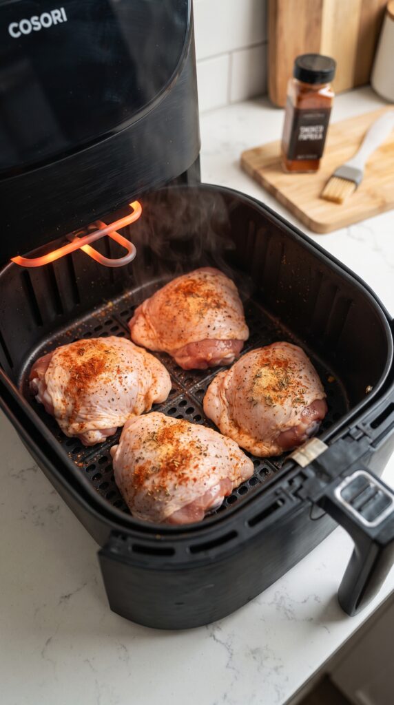 Crispy, juicy air-fried chicken thighs with golden-brown skin on a white plate.