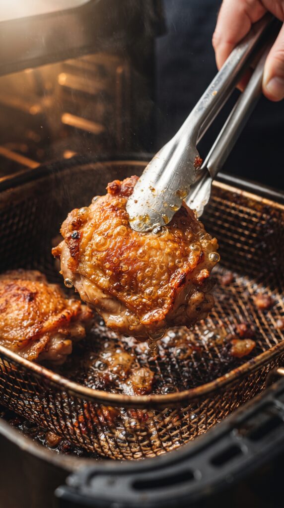 Crispy, juicy air-fried chicken thighs with golden-brown skin on a white plate.